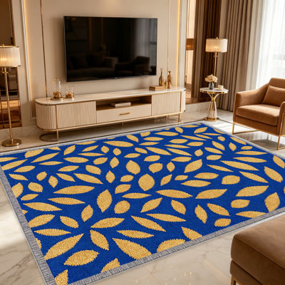 Tapis à motif de feuilles dorées bleu marine pour le salon, doux et confortable, convient à toutes les saisons, facile à entretenir, tapis d'intérieur lavable à la machine, sous la table de ferme convenant à la chambre à coucher, à la salle à manger, au bureau, au balcon et au patio
