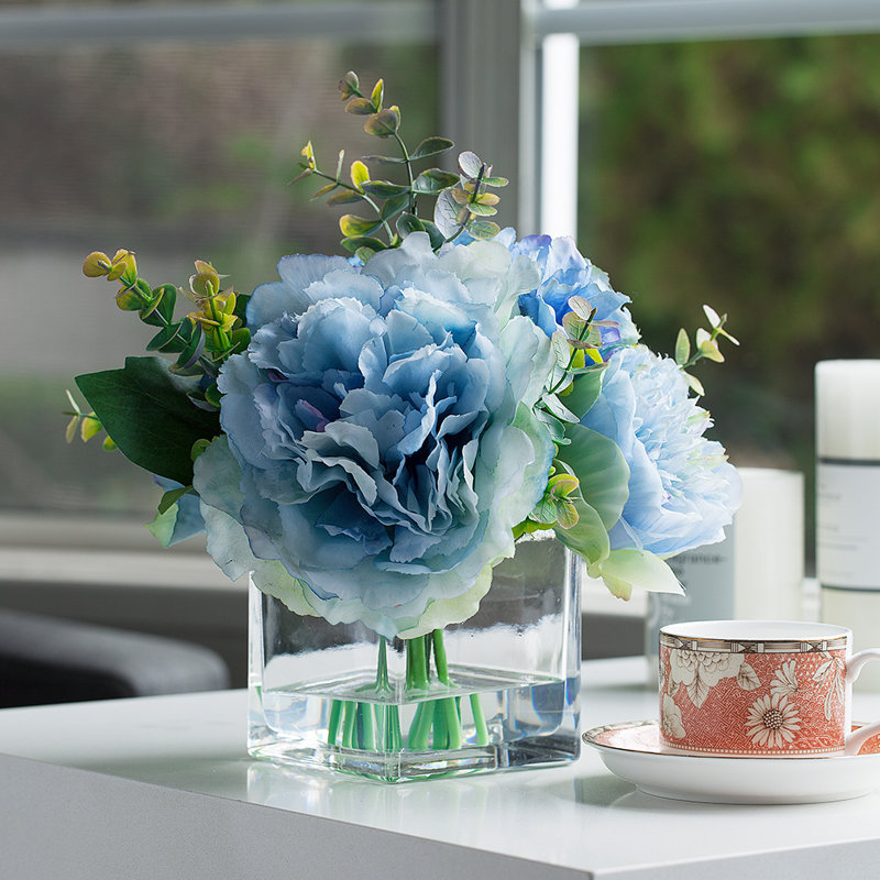 Blue Faux Silk Peony and Rose Arrangement in Glass Vase