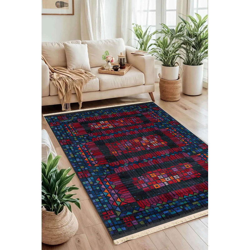 Tapis tribal géométrique vibrant Pixelated, Rouge / Bleu