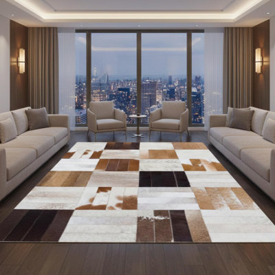 Tapis en cuir de vache, tapis en cuir patchwork, brun rustique moderne et tapis crème