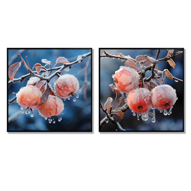 «Pink Frosty Winter Apple Orchard I», ensemble de 2 reproductions d'art sur toile, Cadre flottant noir