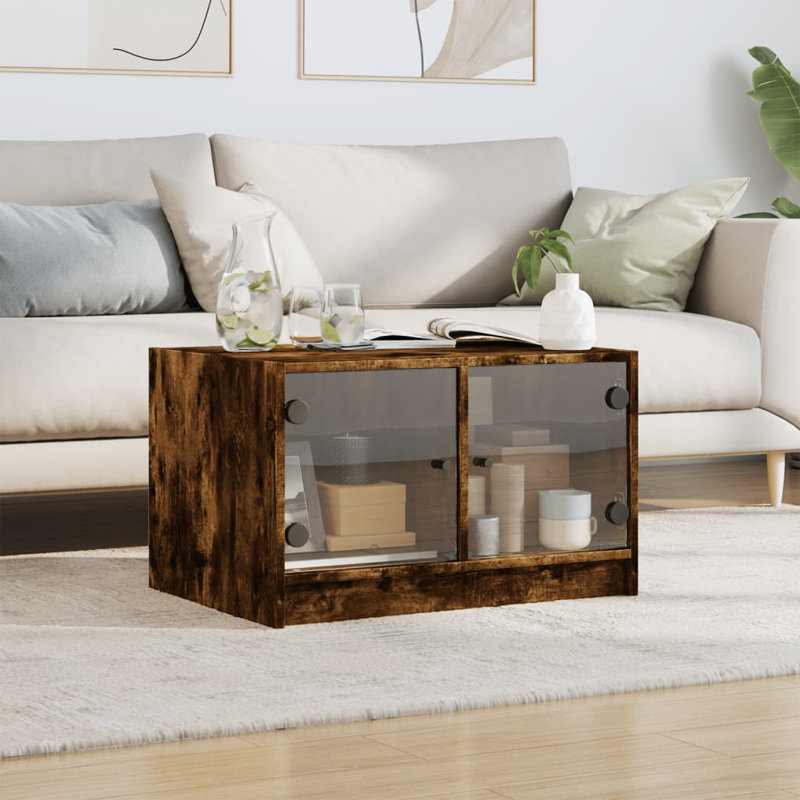 Coffee Table with Glass Doors 68 x 50 x 42 in., Smoked Oak