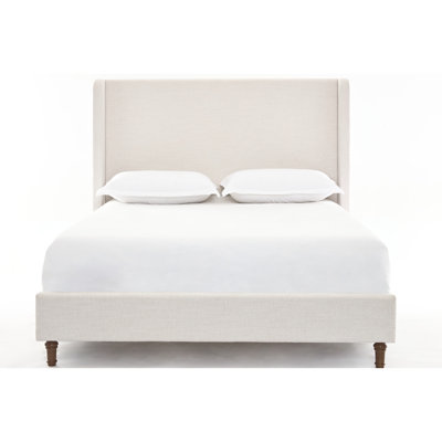 54" Tall Upholstered Wingback Queen Bed Frame, Textured Material, Metal Structure, Solid Oak Feet In Walnut Color, Bedroom Quiet Place With Headboard, Fabric, - Colored Feet, Tranquility