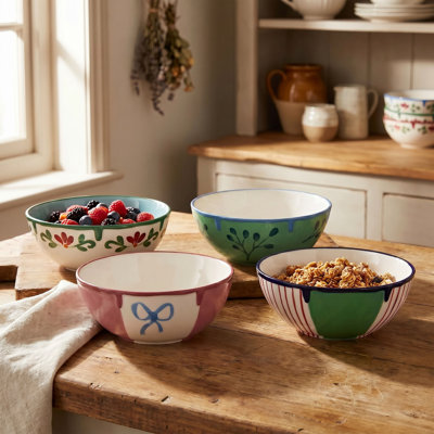 Bol en grès artisanal avec motifs éclectiques peints à la main