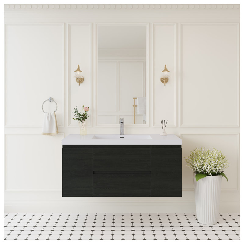 Meuble-lavabo mural de 122 cm (48 po) avec comptoir en surface solide et tiroirs à fermeture amortie, fini bois espresso