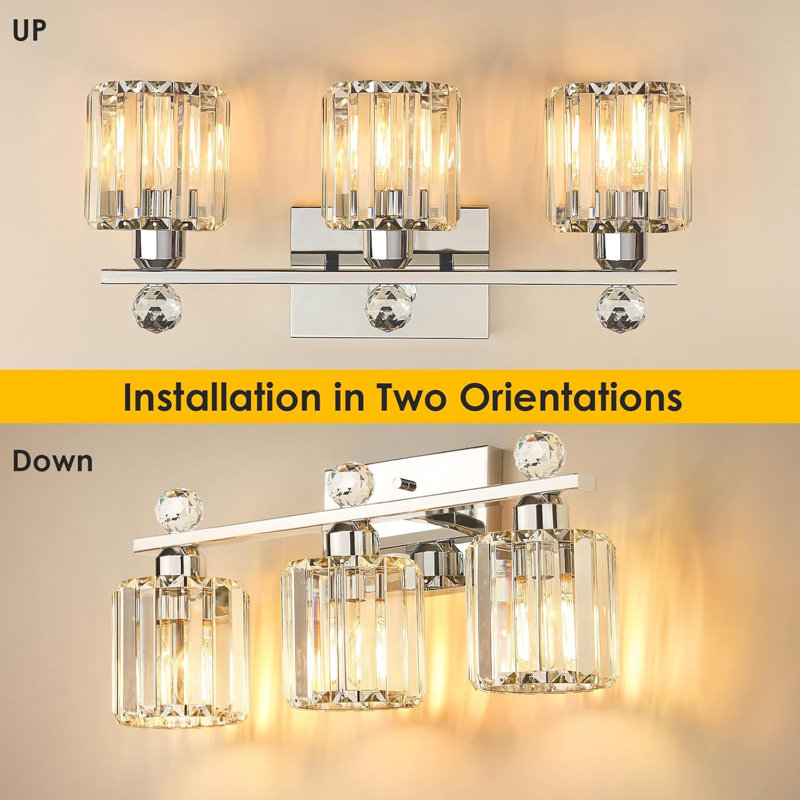 Crystal Vanity Light Fixture, 3-Light Modern Bathroom Sconce With Chrome Finish, Over Mirror Lighting For Bedroom Living Room Wall Mount