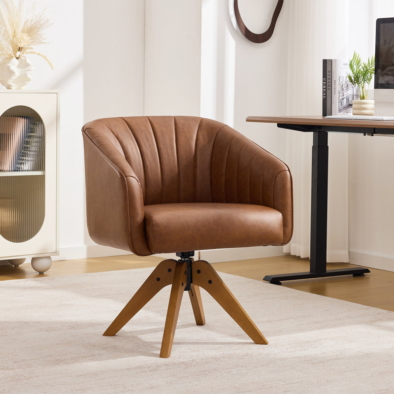 Faux Leather Upholstered Swivel Office Task Chair, Home Desk Chair  With Solid Wood Base