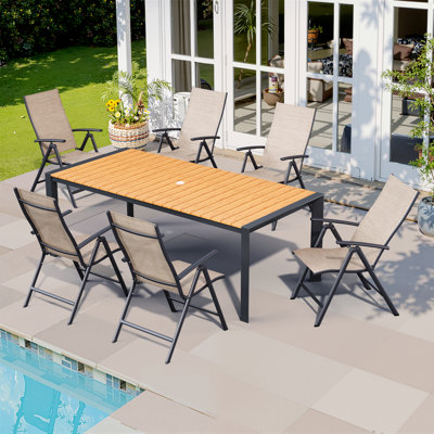 Ensemble repas pour 6 personnes avec chaises pliantes réglables et trou pour parasol