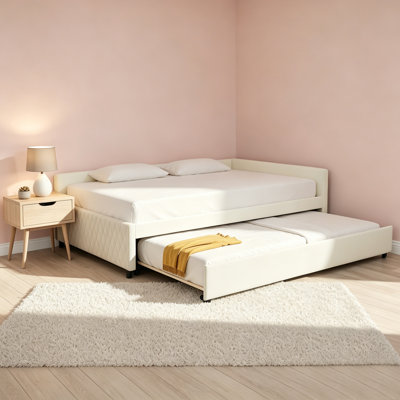Modern Velvet Upholstered Full Size Daybed with Twin Size Trundle Bed, with Charging Station and Small LED Night Light
