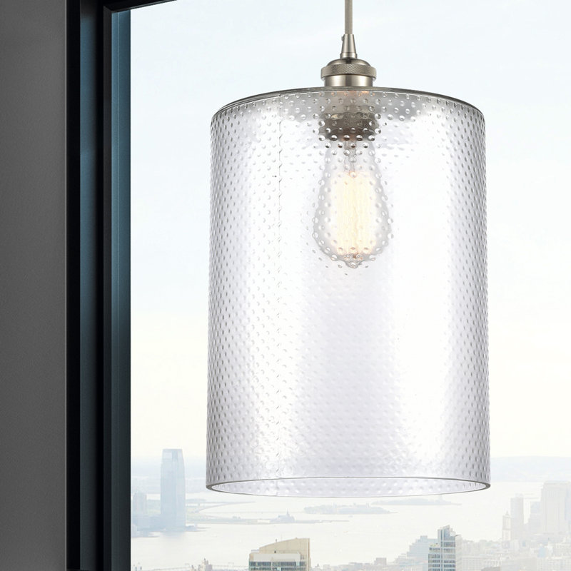 Luminaire suspendu cylindrique à 1 lumière Leilani, Transparent, Ampoule DEL 6 watts Vinage, Nickel satiné brossé