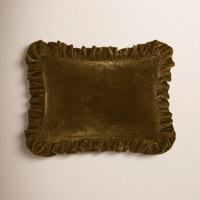 Stella Solid Faux Silk Velvet Ruffled Romantic Western 16x21 inch Oblong Pillow, Green Ochre