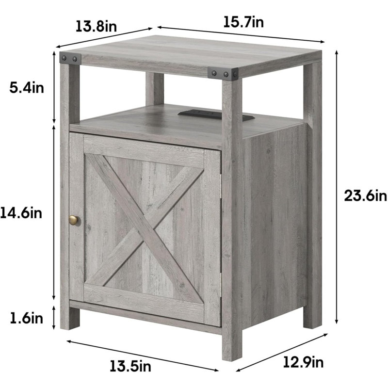 Gray Farmhouse Nightstands with Charging Station and Storage Cabinet, Set of 2