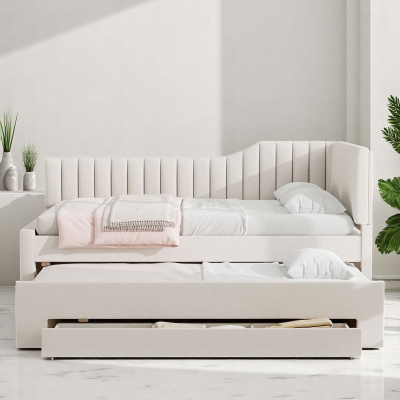Upholstered Daybed With Trundle And Drawer, Beige, Full/Double