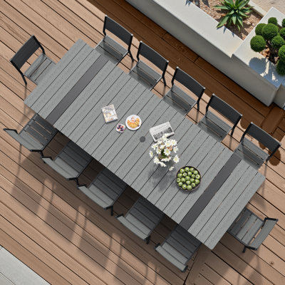 Ensemble de salle à manger rectangulaire en aluminium pour 12 personnes avec trou pour parasol et chaises empilables