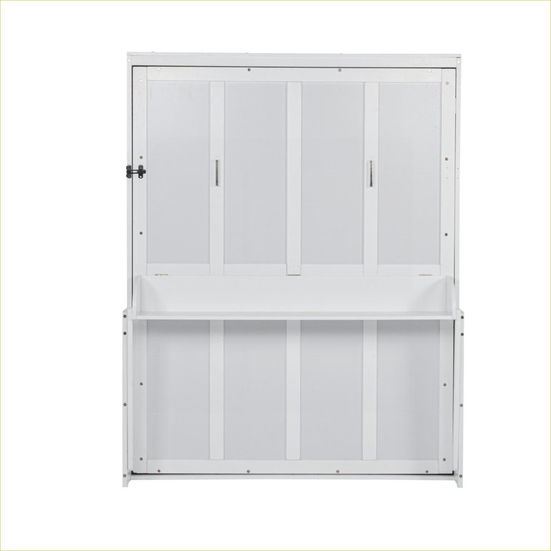 Small Space Home Office Queen Size Vertical Murphy Wall Bed Solid Pine Construction Classic White With Integrated Desk