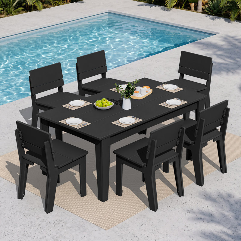 Table de salle à manger d'extérieur rectangulaire Planta 70 po (178 cm) de largeur en PEHD avec trou pour parasol, Black