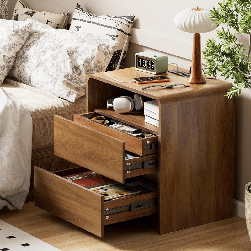 Walnut Bed Cabinet With Charging Station