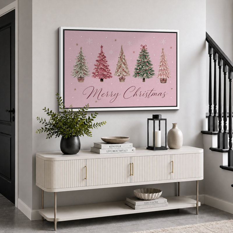 Œuvre d'art de Noël arbre de Noël rose, images de chambre de bébé, impression sur toile encadrée, Cadre blanc