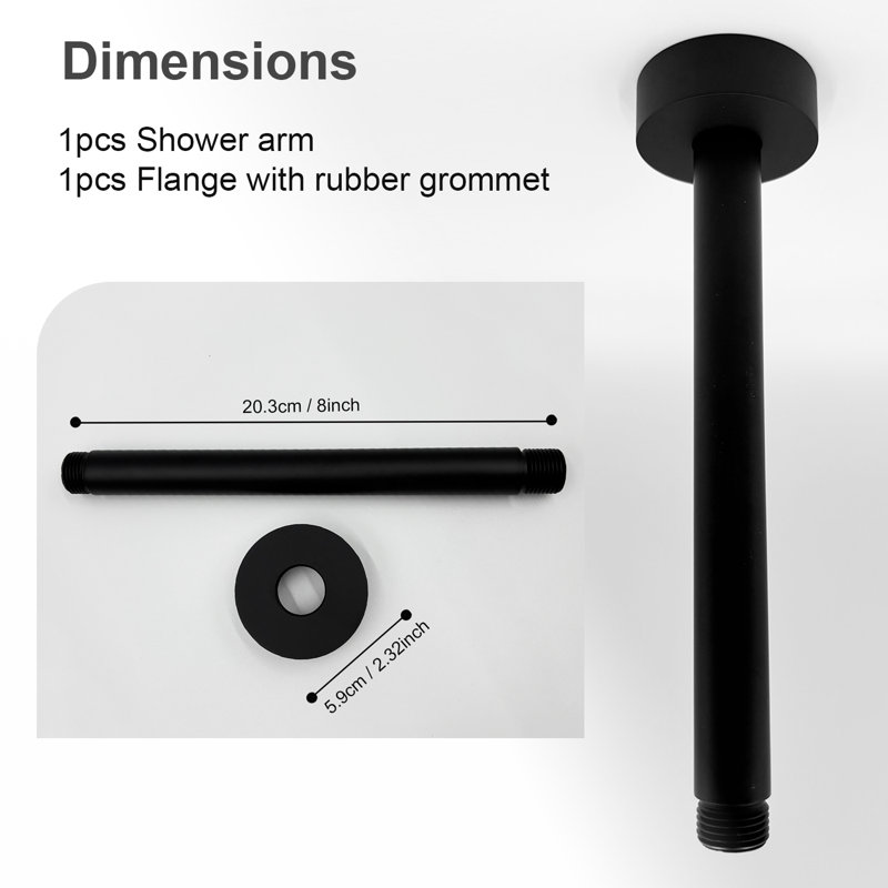 Bras de douche avec bride assortie incluse, acier inoxydable, Noir mat