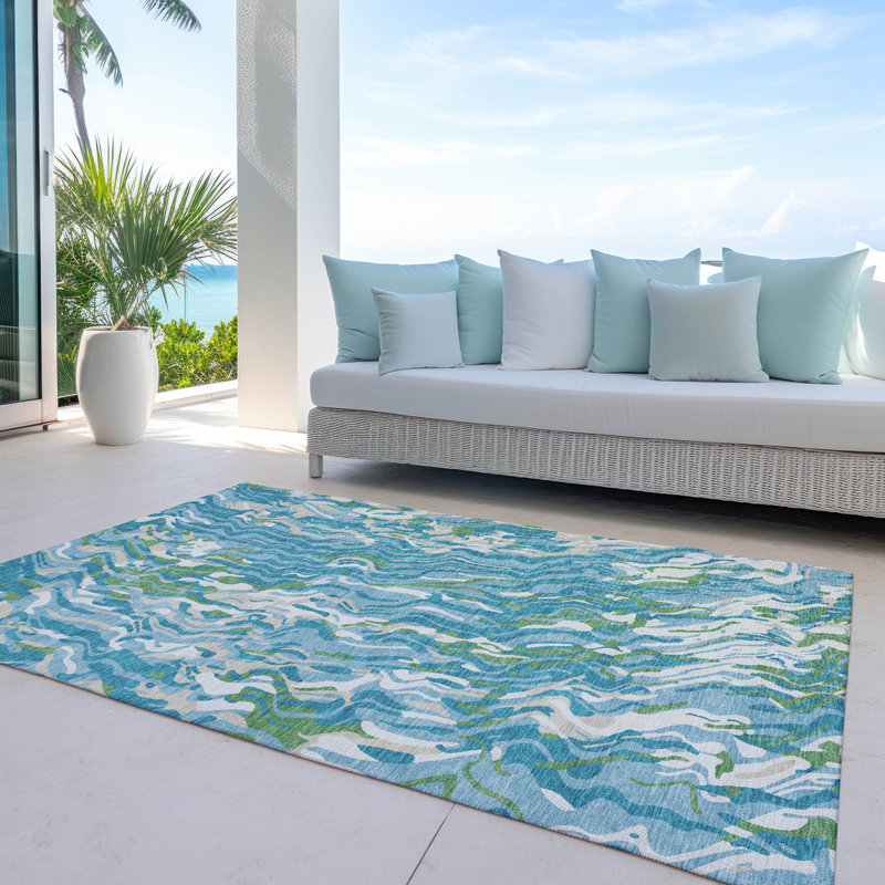 Teal and White Abstract Swirl Washable Synthetic Rug