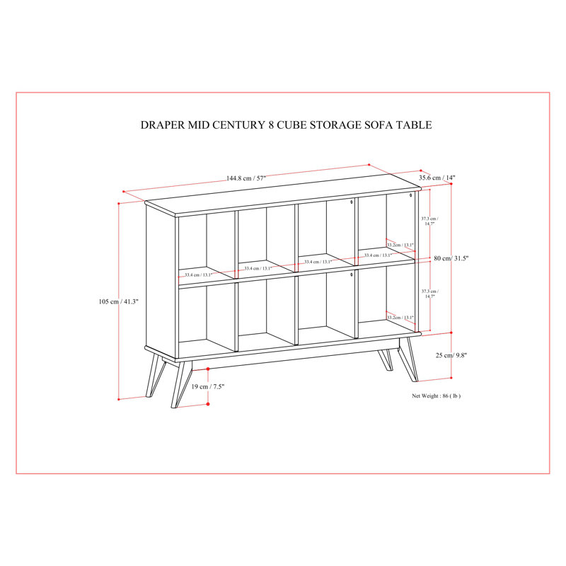Draper 57"W Solid Hardwood Storage Console Table with 8 Cube Storage
