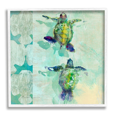 Tortues vertes nageant des formes abstraites - cadre flottant, impression sur bois