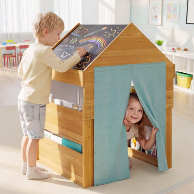 Cabane de lecture pour enfant à 3 niveaux avec tableau noir, bibliothèque de rangement, rideaux en tissu, cabane de jeu facile à monter soi-même pour chambre d'enfant, école maternelle, chambre d'enfant