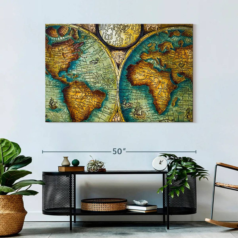 Carte du vieux monde sur toile, H 32 po x l 48 po x P 1,25 po