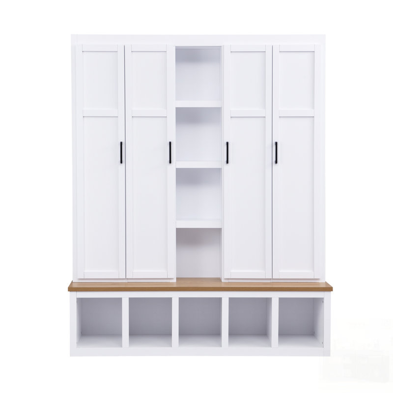 Farmhouse 4-in-1 Hall Tree with 6 Hooks, Storage Bench, and Shoe Cabinet for Entryway, Living Room, White