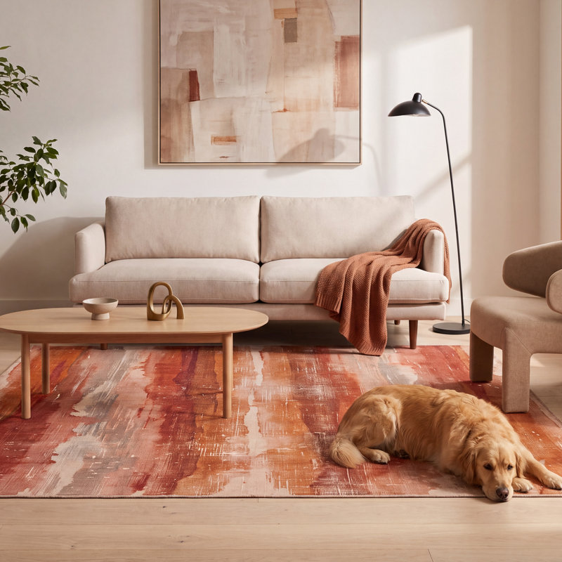 Tapis Flint2 moderne à l'aquarelle abstraite orange, rouge et crème, lavable en machine, antidérapant, à poils courts, pour l'intérieur et l'extérieur, adapté aux animaux domestiques, idéal pour le salon, la chambre, la salle à manger, l'entrée, le corridor ou le bureau.