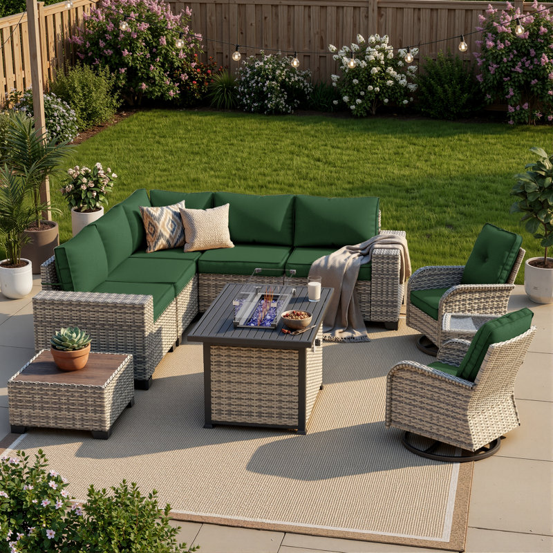 10-Piece Outdoor Patio Sectional Conversation Set With Fire Pit Table And Swivel Rocker Chairs, Forest Green