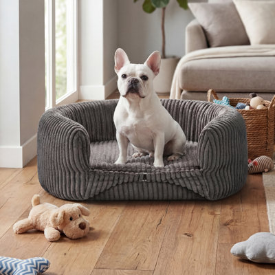 32.6''W Corduroy Dog Sofa Bed for Large Dogs up to 70lbs with Detachable Backrest, No Assembly Orthopedic Elevated Pet Bed Couch, Furniture Style Comfy Dog Bed Sofa for Living room Bedroom Study Balcony, Gray