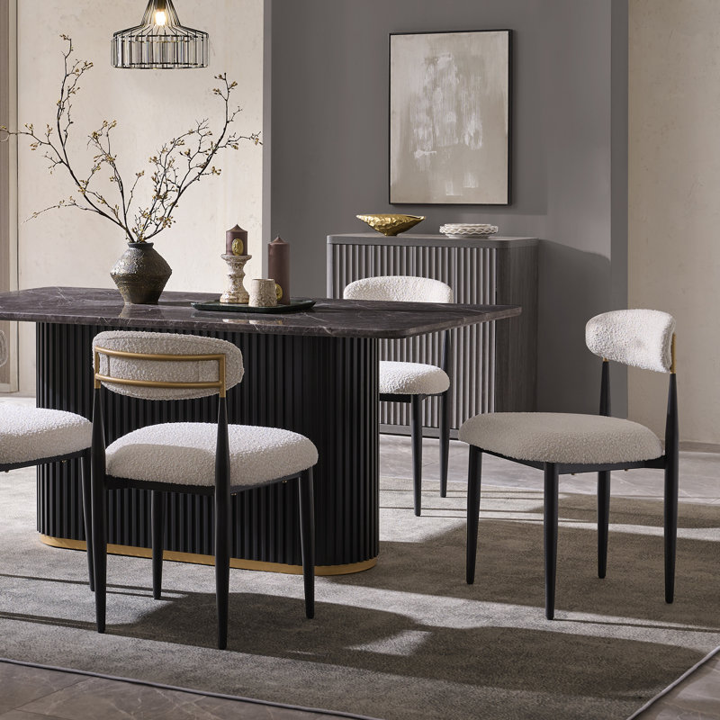 Boucle Upholstered Dining Chairs (Set of 2), Beige, Black