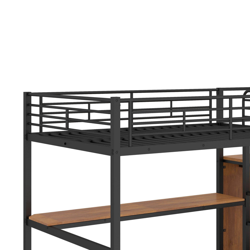 Full Size Metal Loft Bed With Desk, Storage Staircase And LED Light, Black
