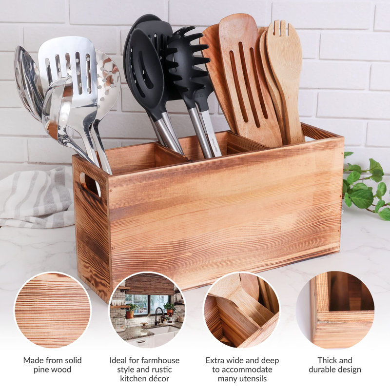 Porte-ustensiles en bois pour comptoir de cuisine - Grand range-ustensiles 3 compartiments