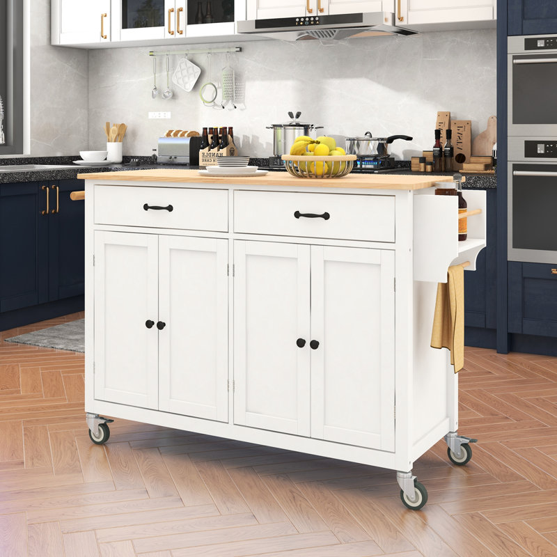 Chariot pour îlot de cuisine - blanc, plateforme en bois massif pour le travail, armoire à 4 portes, 2 tiroirs, porte-épices et porte-serviettes, plan de travail à roulettes verrouillables, fonction