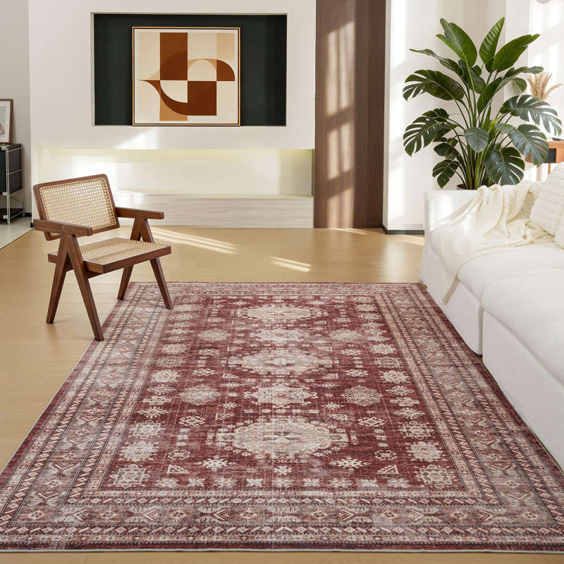 Boho Vintage Washable Area Rug - 6'x9', Non-Slip Durable Indoor Rug, Farmhouse Style, Distressed Faded Carpet for Living Room, Bedroom, Dining Room, Soft Oriental Carpet, Burgundy