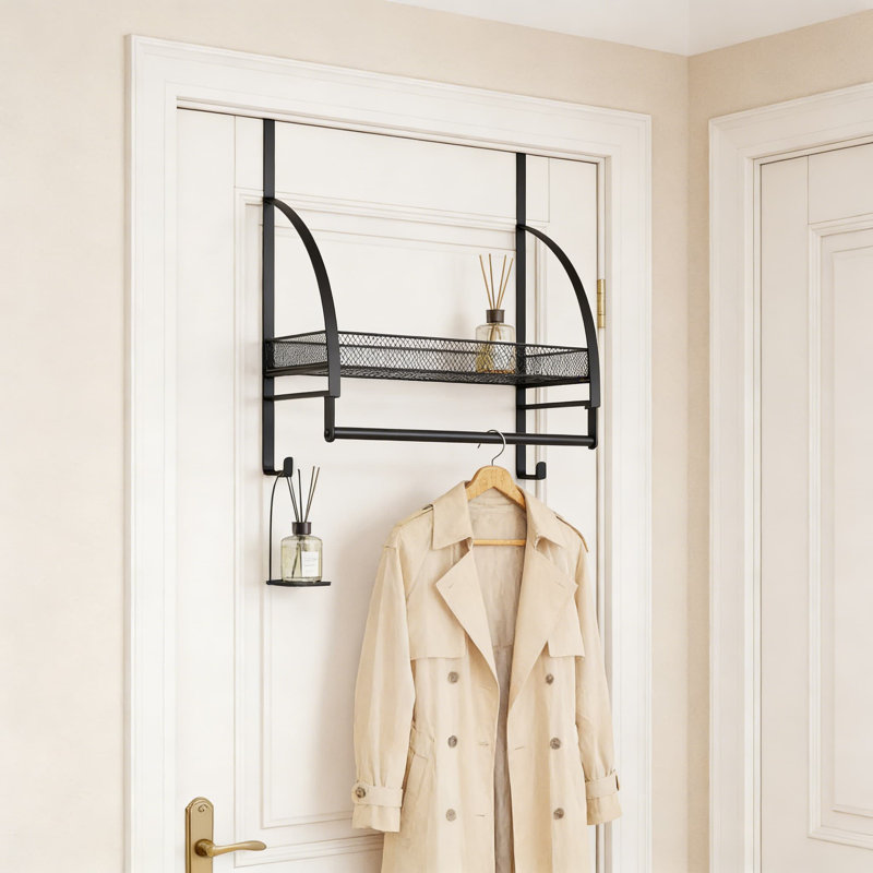 Over The Door Hanger With Storage Basket And Hooks, Sturdy Drying Rack And Organizer For Towels, Coats, And Clothes, Space-Saving Solution For Bathroom, Laundry, And Dorm Rooms