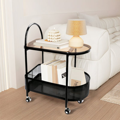 2 Tier Rolling Side Table, Metal Coffee Sofa Side End Table,Handle Utility Cart, Bed Side Table With Wheels Night Stand, Serving Cart,Drink Cart, For Living Room, Bedroom, Bathroom