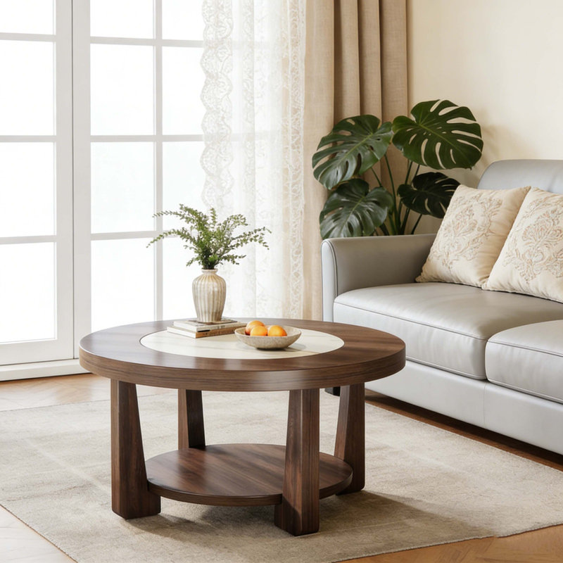 Round 2-Tier Wood Accent Center Coffee Table