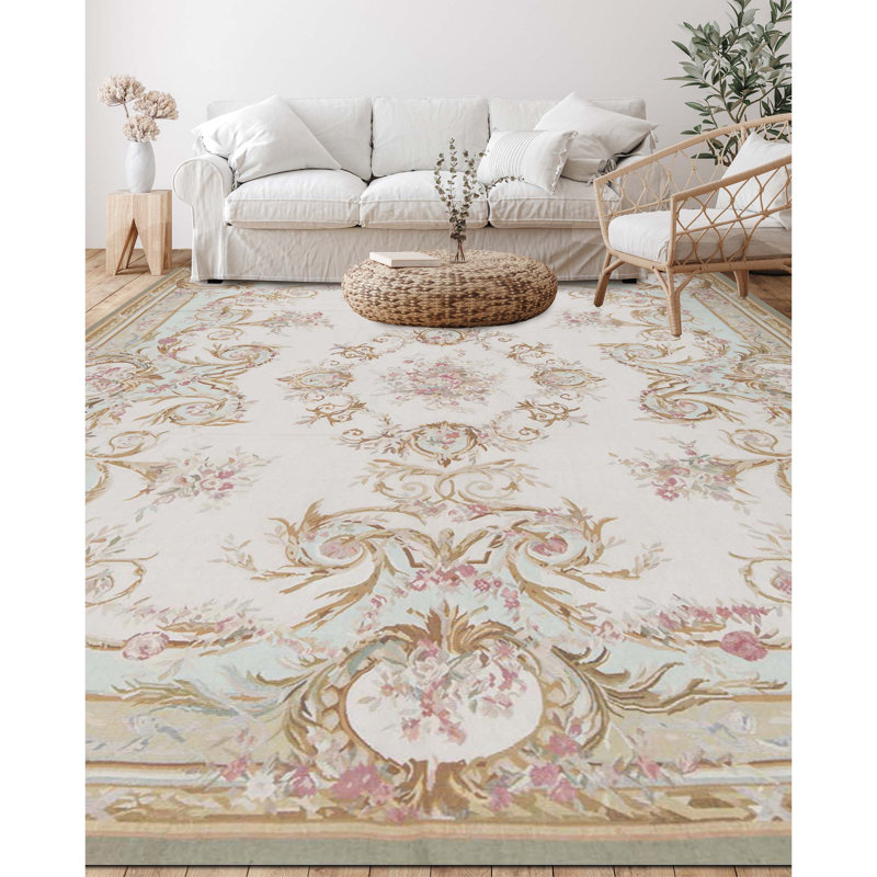 Hand-Knotted High-Quality Beige and Green Area Rug