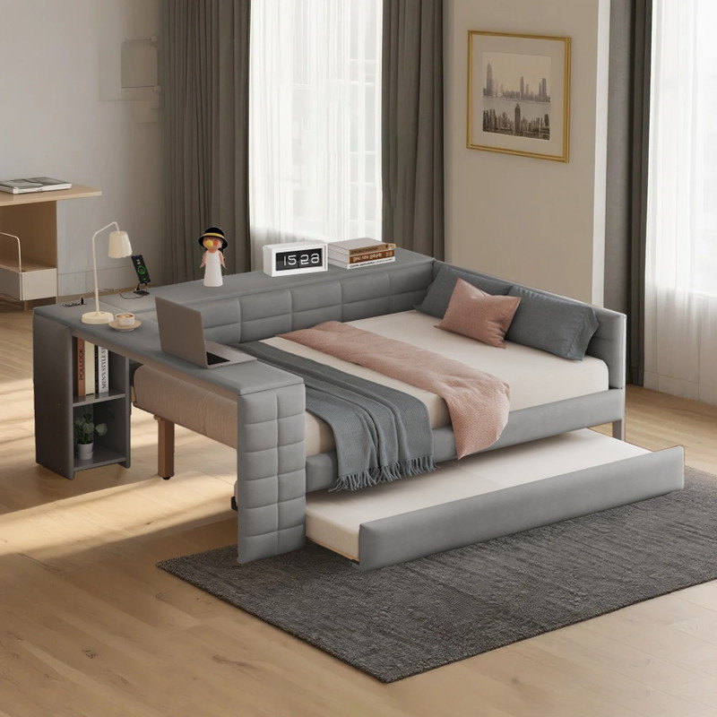 Structure de lit double pleine grandeur avec tablettes et lit gigogne, Gris