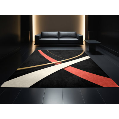 Soft Plush Elisavet Gymnastics Uneven Bars Sleek & Chic Modern Arc Area Rug in Black – Black Binding