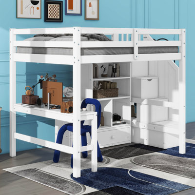 Full Size Loft Bed With Desk And Stairs, Storage Cabinet And Bookcase by Harriet Bee