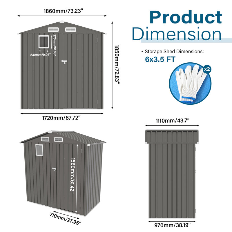 Gray 6X 3.5Ft Metal Tool Shed With Clear Window And Ventilation Holes, Suitable For Balcony Courtyard Corners, Fast & Easy Installation Peaked Roof Watertight Design, Multi - Scenario Use As Small ,