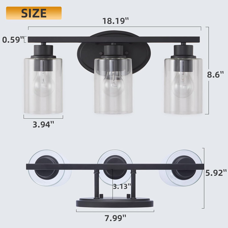 Modern Matte Black Bathroom Vanity Light Fixture With Clear Glass Shades, Rustproof Wall Mounted Lighting For Bathroom, Hallway, Kitchen, And More