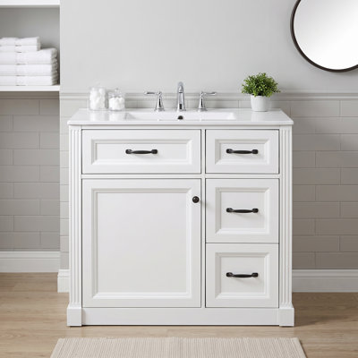 Meuble-lavabo autoportant blanc à lavabo simple de 91 cm (36 po) avec comptoir en céramique et porte d'armoire à fermeture amortie