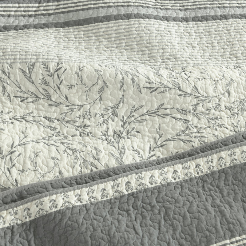 Ensemble de courtepointe en coton, Grand lit, Gris, blanc / rayé