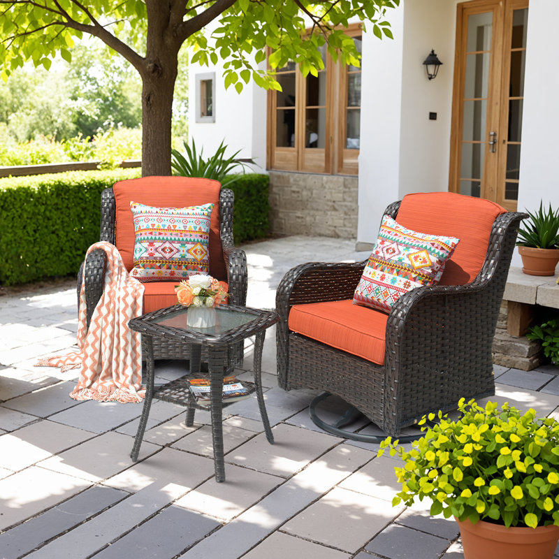 Ensemble de chaises berçantes d'extérieur en rotin avec coussins Tommy, Brun, Orange-rouge