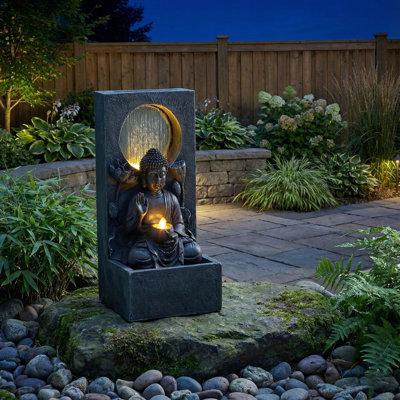 Fontaine de 28 po de hauteur pour l'extérieur Bouddha, pièce de détente autoportante, décor zen asiatique Fengshui pour patio, jardin, cour, terrasse et maison, fontaine idéale pour cadeau